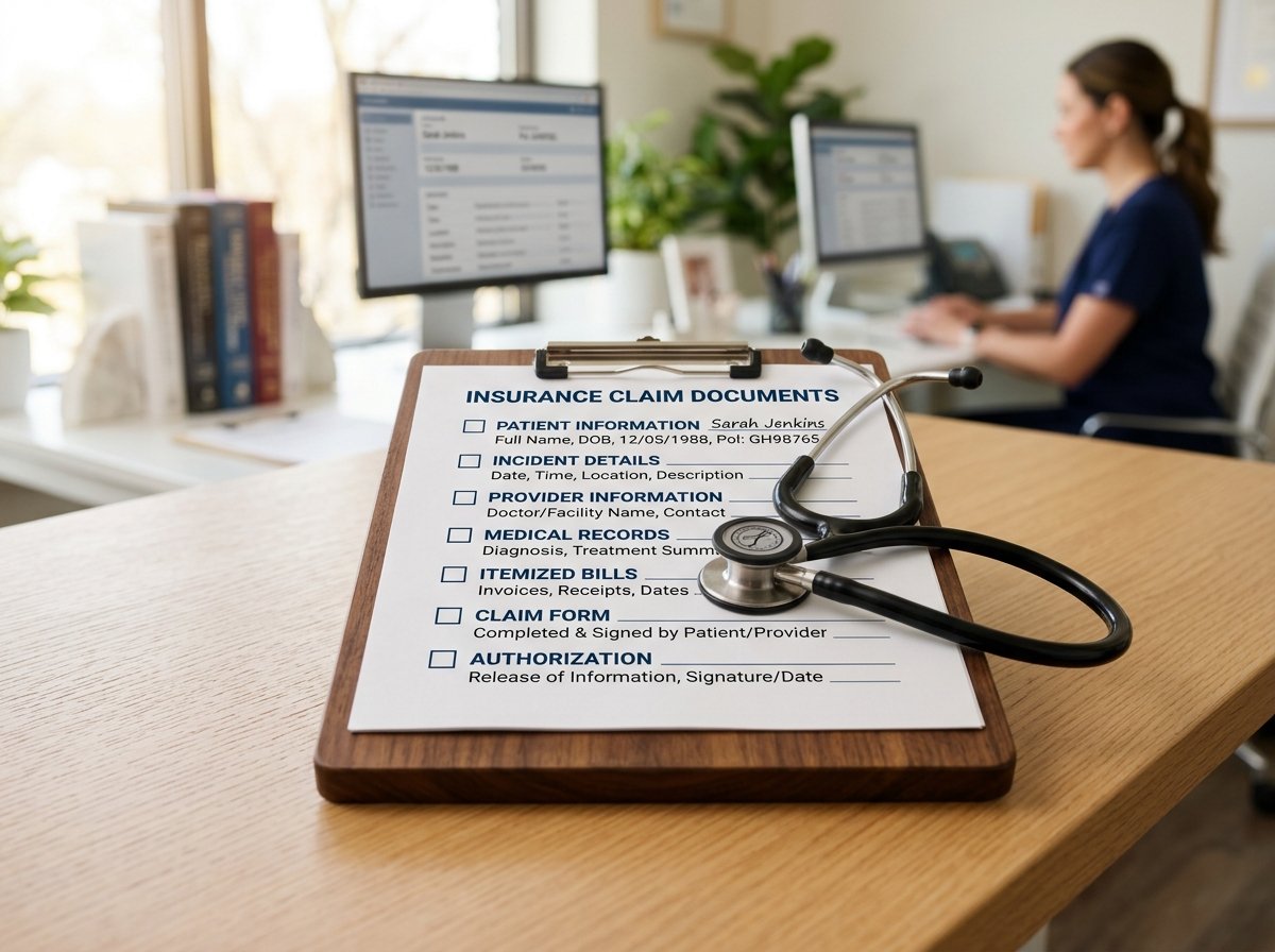Insurance Claim Documents and Medical Checklist on Wooden Clipboard