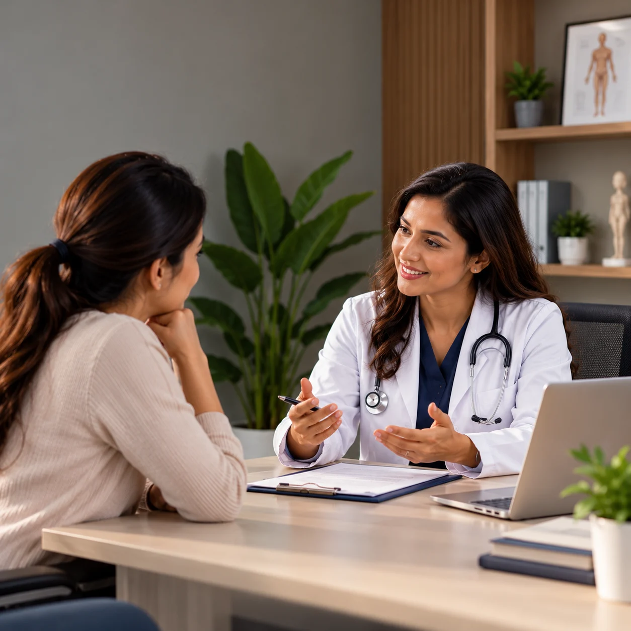 A doctor speaking with a patient in a clinic about a long treatment plan
