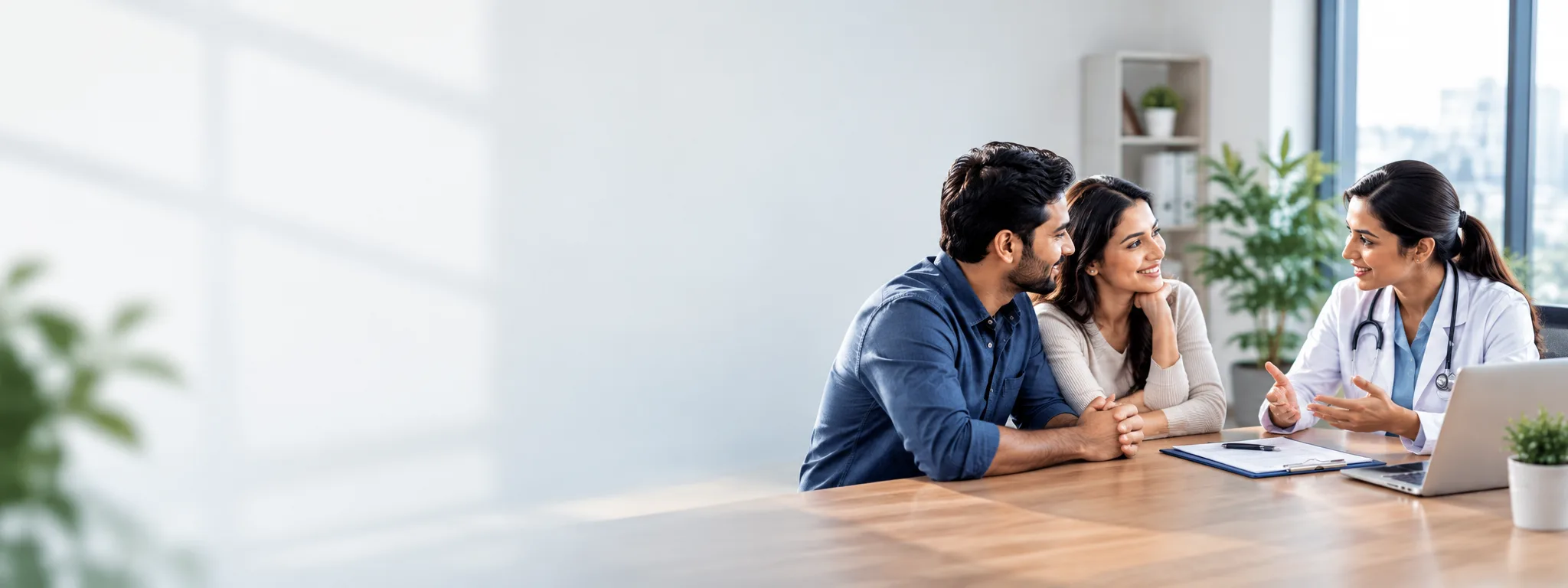 A healthcare consultation with a young couple planning for a baby